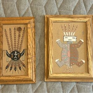 Vintage Native Sand Paper Art Pair in Wood Frames
